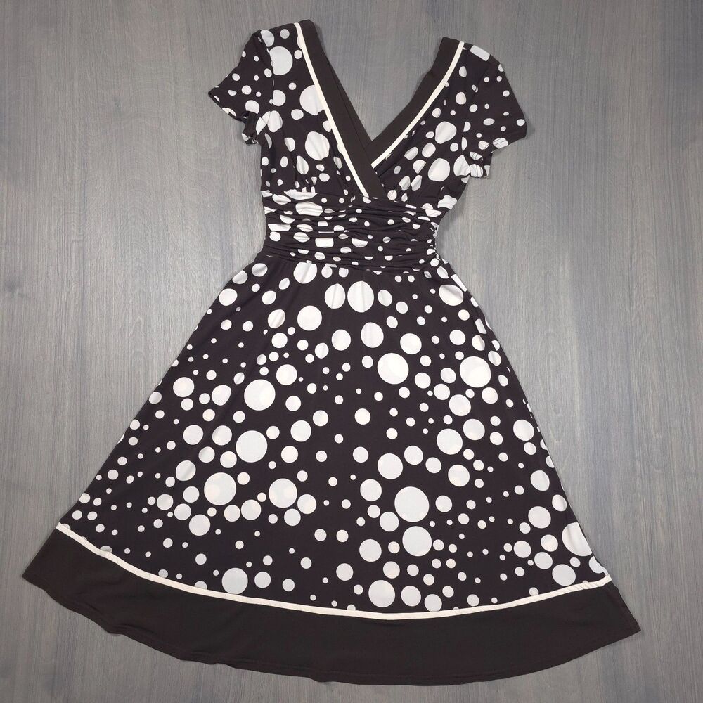 Sandra Darren Dress Women's 6 Brown Cream Polka Dot V-Neck Fit